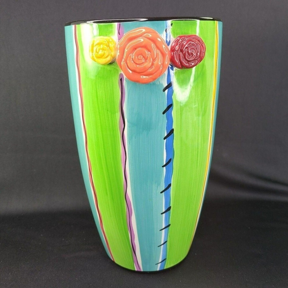 Blue Ridge Designs Vase Art Pottery 3D Floral‎ Attached Trim Handpainted Green